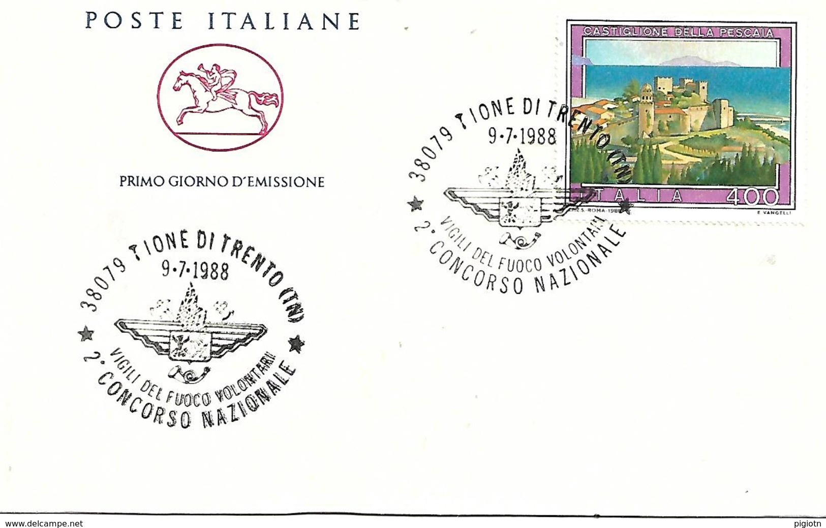 COR23 - MARCOFILIA - ANNULLO TIONE -2° CONCORSO NAZIONALE  VIGILI DEL FUOCO VOLONTARI - 9.7.1988 - 1991-00: Storia Postale