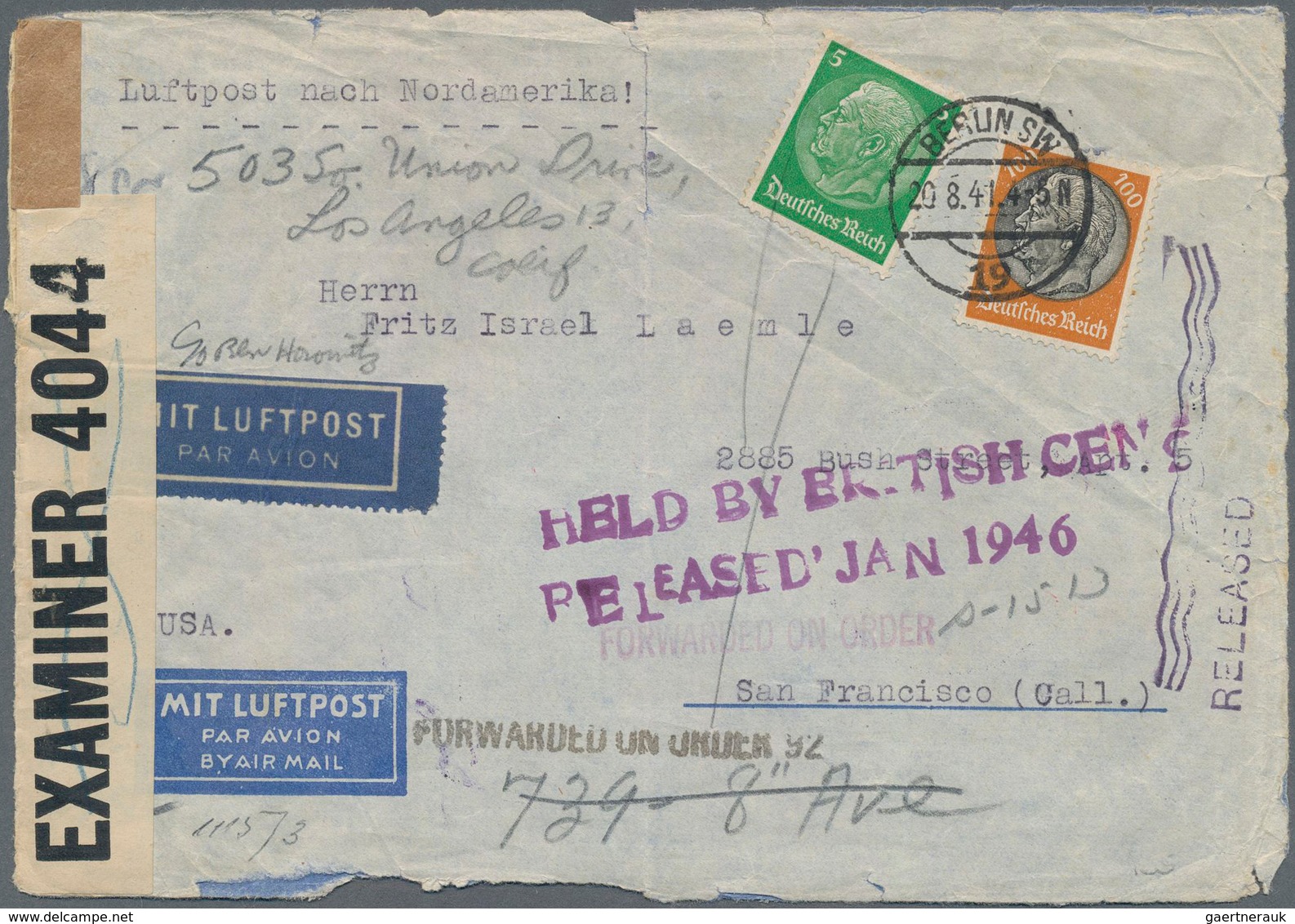 Deutsches Reich - 3. Reich: 1941, 5 Pf Und 100 Pf Hindenburg, MiF Auf Luftpostbrief Mit OKW-Zensur V - Covers & Documents