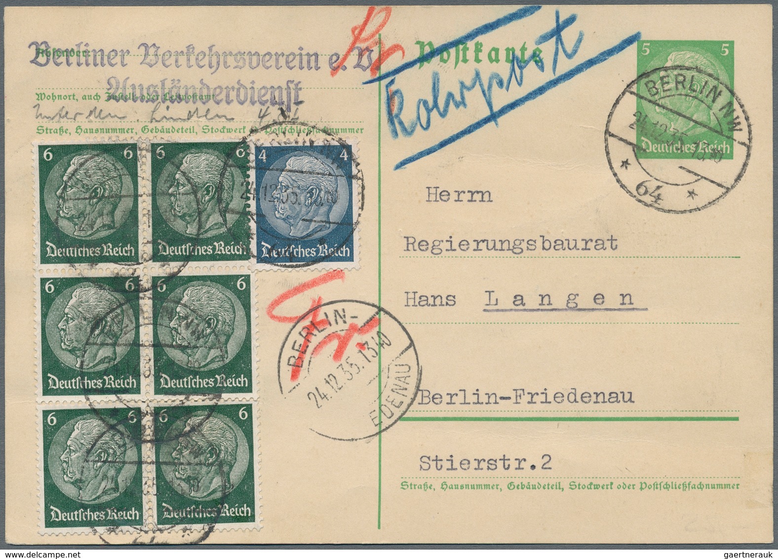 Deutsches Reich - 3. Reich: 1935, 5 Pf Hindenburg-Ganzsachenkarte Mit Zusatzfrankatur Als "ROHRPOST" - Briefe U. Dokumente