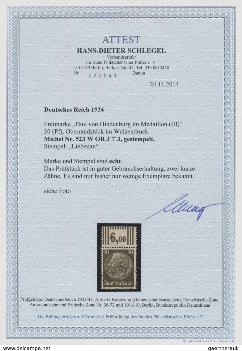 Deutsches Reich - 3. Reich: 1933, 30 Pfg. Hindenburg Als Ungefaltetes Oberrandstück Mit Der äußerst - Covers & Documents