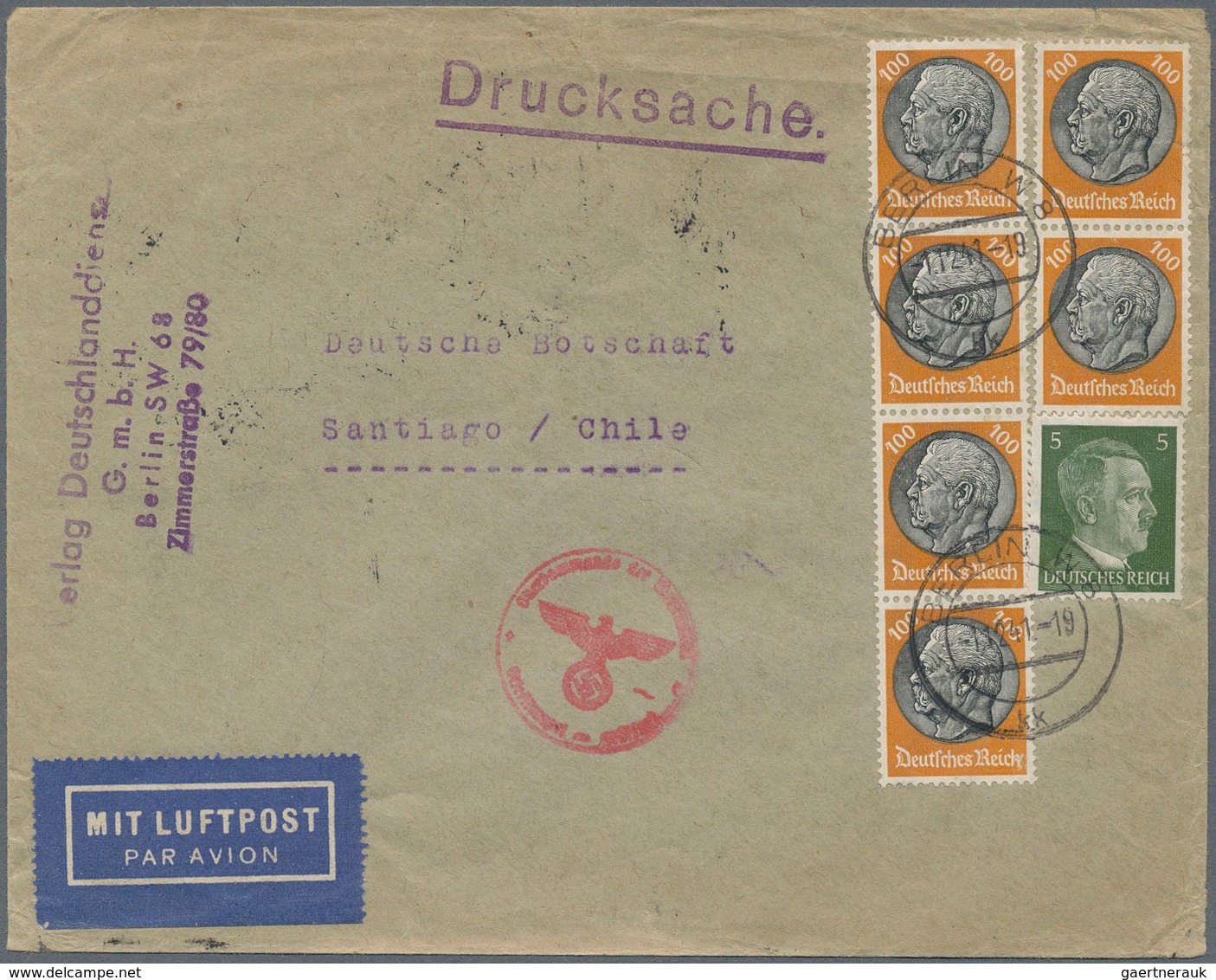 Deutsches Reich - 3. Reich: 1941, 6 X 100 Pf Hindenburg Und 5 Pf Hitler, Portogerecht Auf Luftpost-D - Briefe U. Dokumente