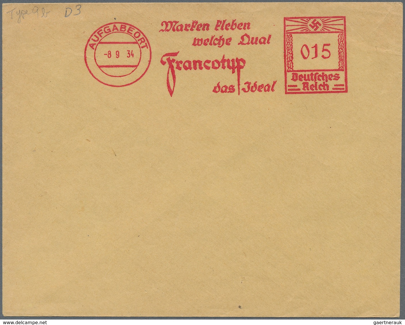 Deutsches Reich - 3. Reich: 1934, 15 Pf Maschinenstempel-PROBE-ABDRUCK Type 9b Von Francotyp Auf Ums - Briefe U. Dokumente