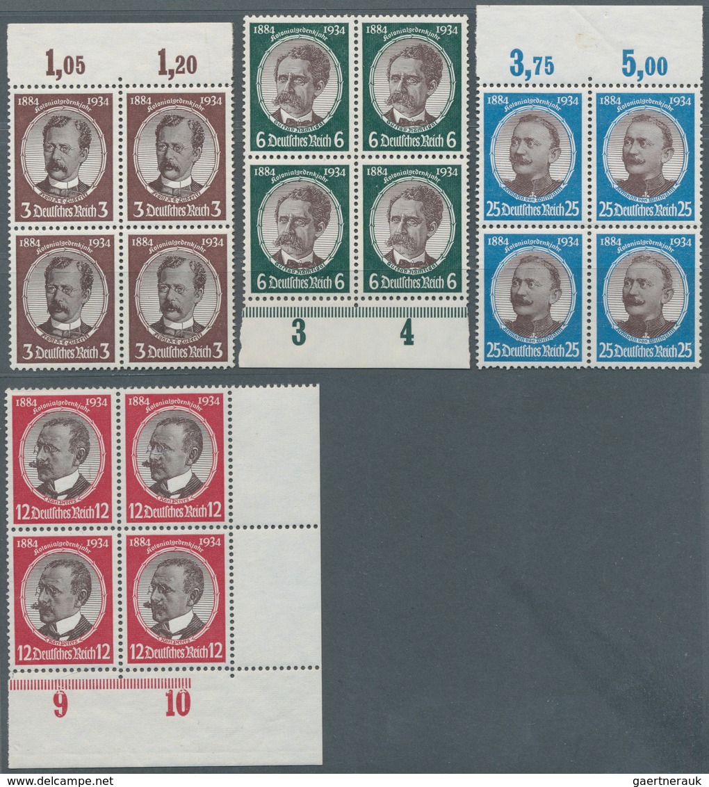 Deutsches Reich - 3. Reich: 1934 Kolonialgedenkjahr Kompletter Satz In Postfrischen Randviererblocks - Covers & Documents