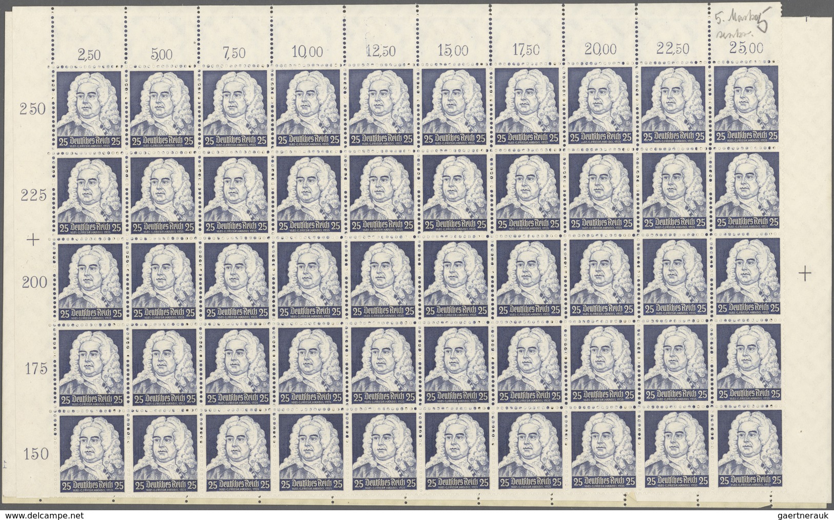 Deutsches Reich - 3. Reich: 1935, 25 (Pfg) Händel, 1 Kpl. Bogen, Gefaltet Und 1 Oberer Halbbogen Ohn - Briefe U. Dokumente