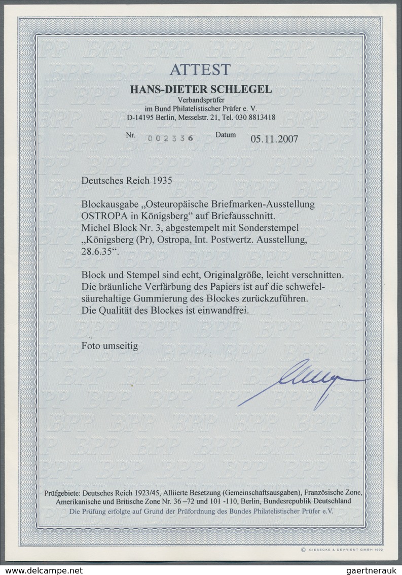Deutsches Reich - 3. Reich: 1935, OSTROPA-Block In Originalgröße, Leicht Verschnitten Mit 2 Sauberen - Briefe U. Dokumente
