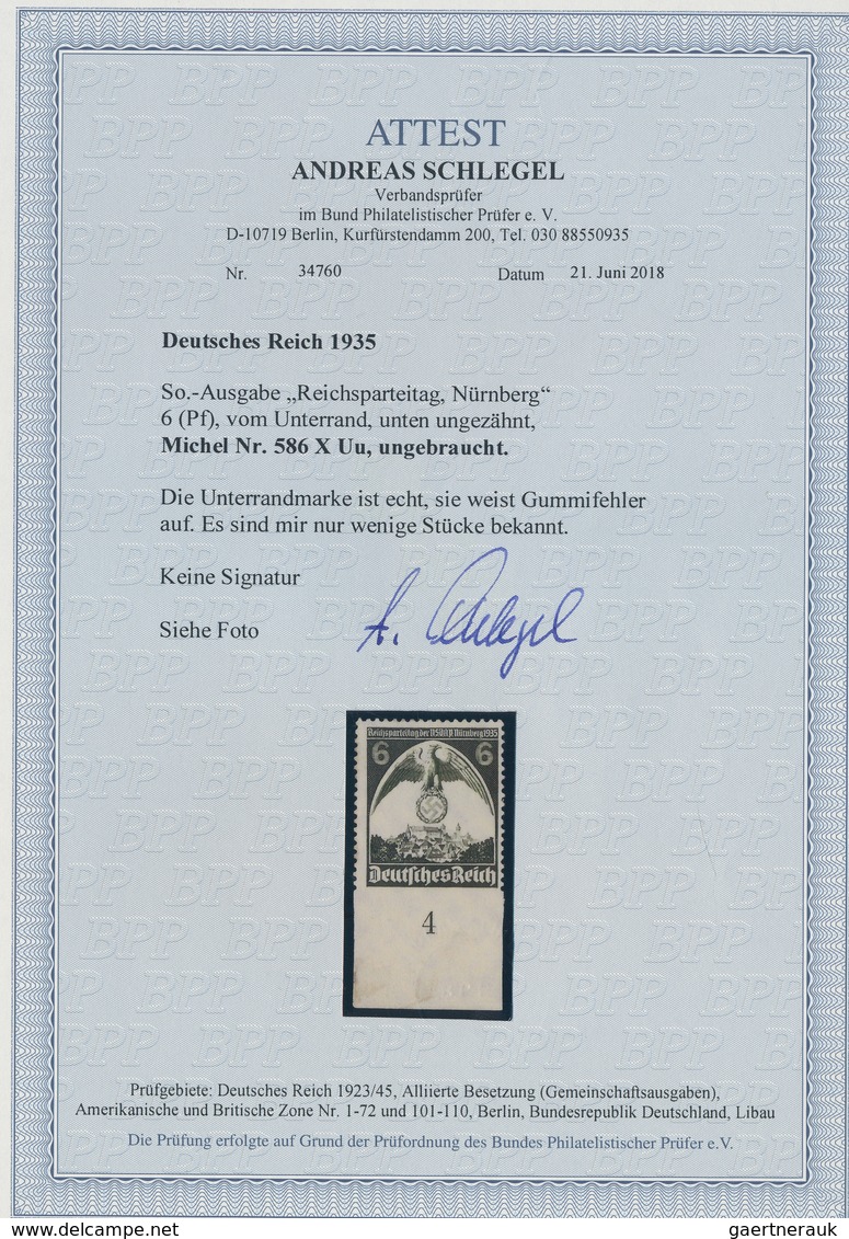 Deutsches Reich - 3. Reich: 1935, Reichsparteit 6 Pfg. Schwarzgrün, Unten UNGEZÄHNTES Ungebrauchtes - Briefe U. Dokumente