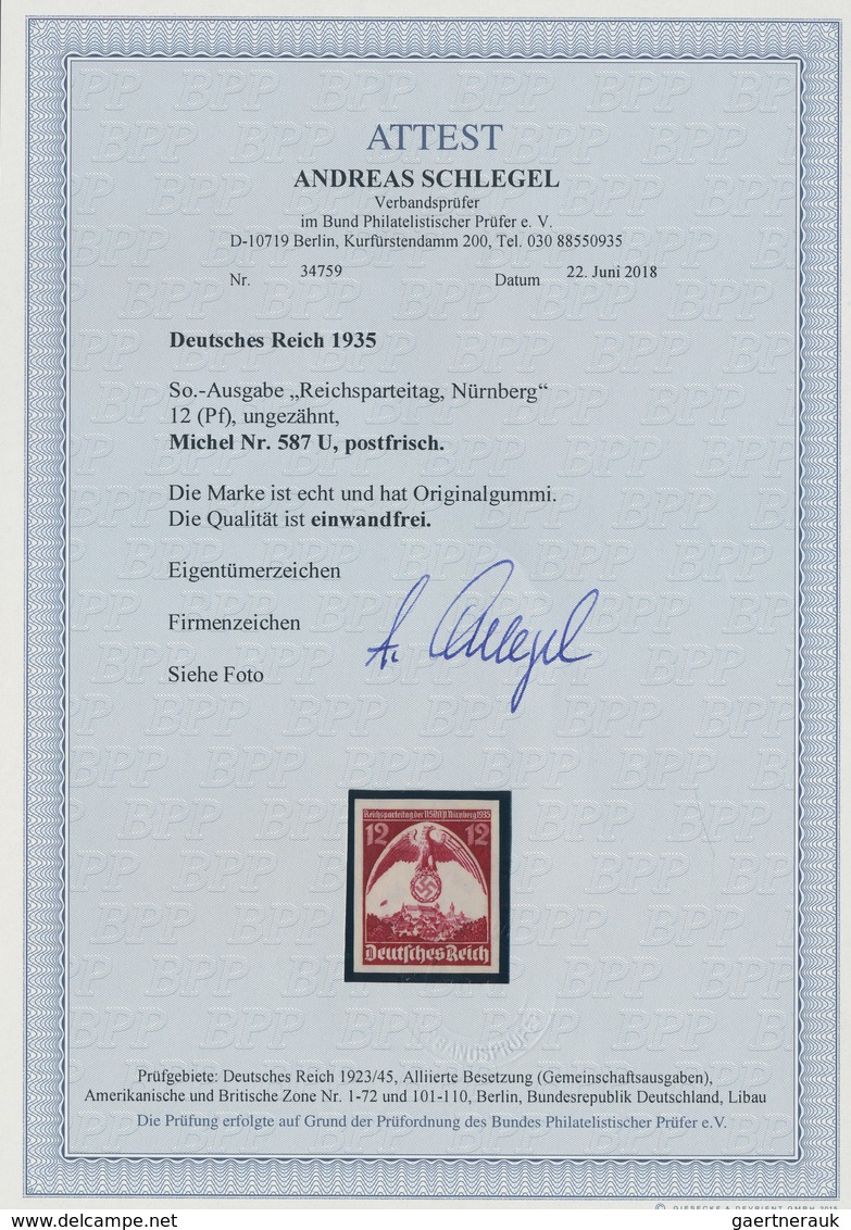 Deutsches Reich - 3. Reich: 1935, Nürnberger Parteitag 12 Pfg. Dunkelbraunrot, UNGEZÄHNTES Postfrisc - Briefe U. Dokumente