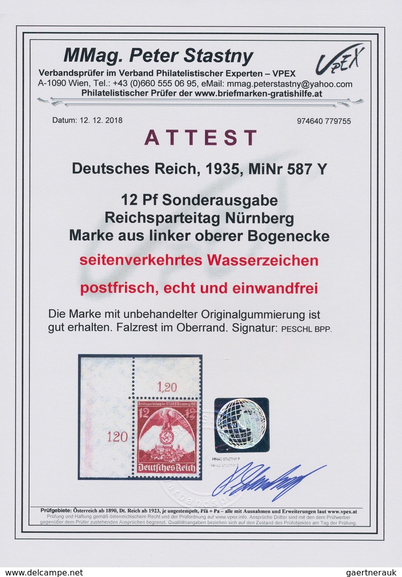 Deutsches Reich - 3. Reich: 1935, 12 Pf Reichsparteitag Nürnberg, Postfrisches Eckrandstück Aus Der - Briefe U. Dokumente