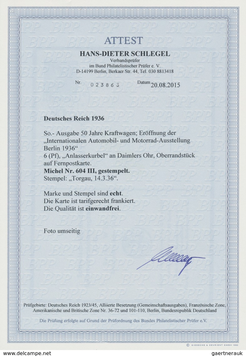 Deutsches Reich - 3. Reich: 1936, Gottlieb Daimler 6 Pf Grün Mit Dem Seltenen Plattenfehler "Anlasse - Briefe U. Dokumente