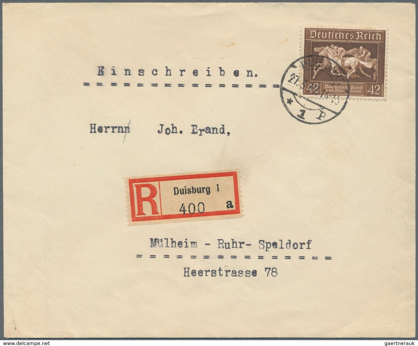 Deutsches Reich - 3. Reich: 1936, 42 Pfg. Braun Marke Aus Braunes Band-Block, Zwei Portogerechte Fra - Covers & Documents