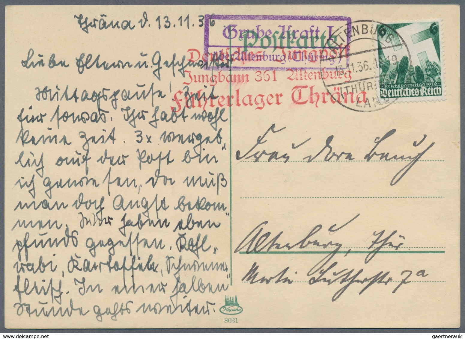 Deutsches Reich - 3. Reich: 1936, Postkarte Mit Posthilfsstellen-Stempel "Grube Kraft I über Altenbu - Briefe U. Dokumente