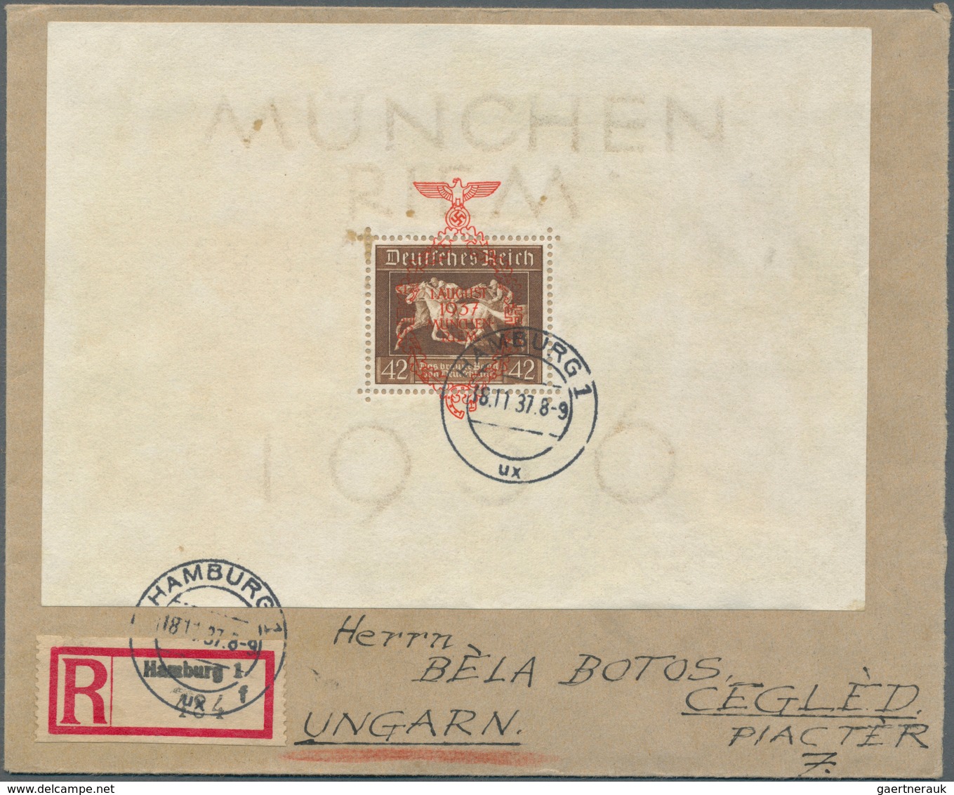 Deutsches Reich - 3. Reich: 1937, 42 Pf München-Riem Block Mit Rotem Aufdruck, Zusammen Mit Rs. Fran - Briefe U. Dokumente