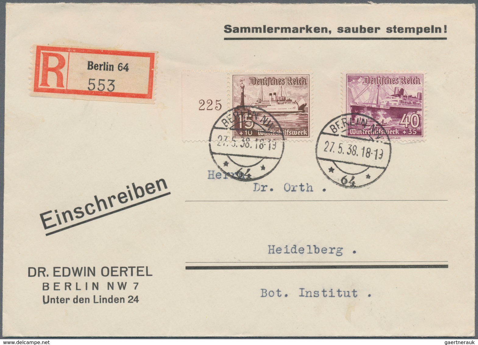 Deutsches Reich - 3. Reich: 1937, 15 Pf. WHW Schiffe Mit Seltenem Plattenfehler "Peilstab An Wetterf - Briefe U. Dokumente