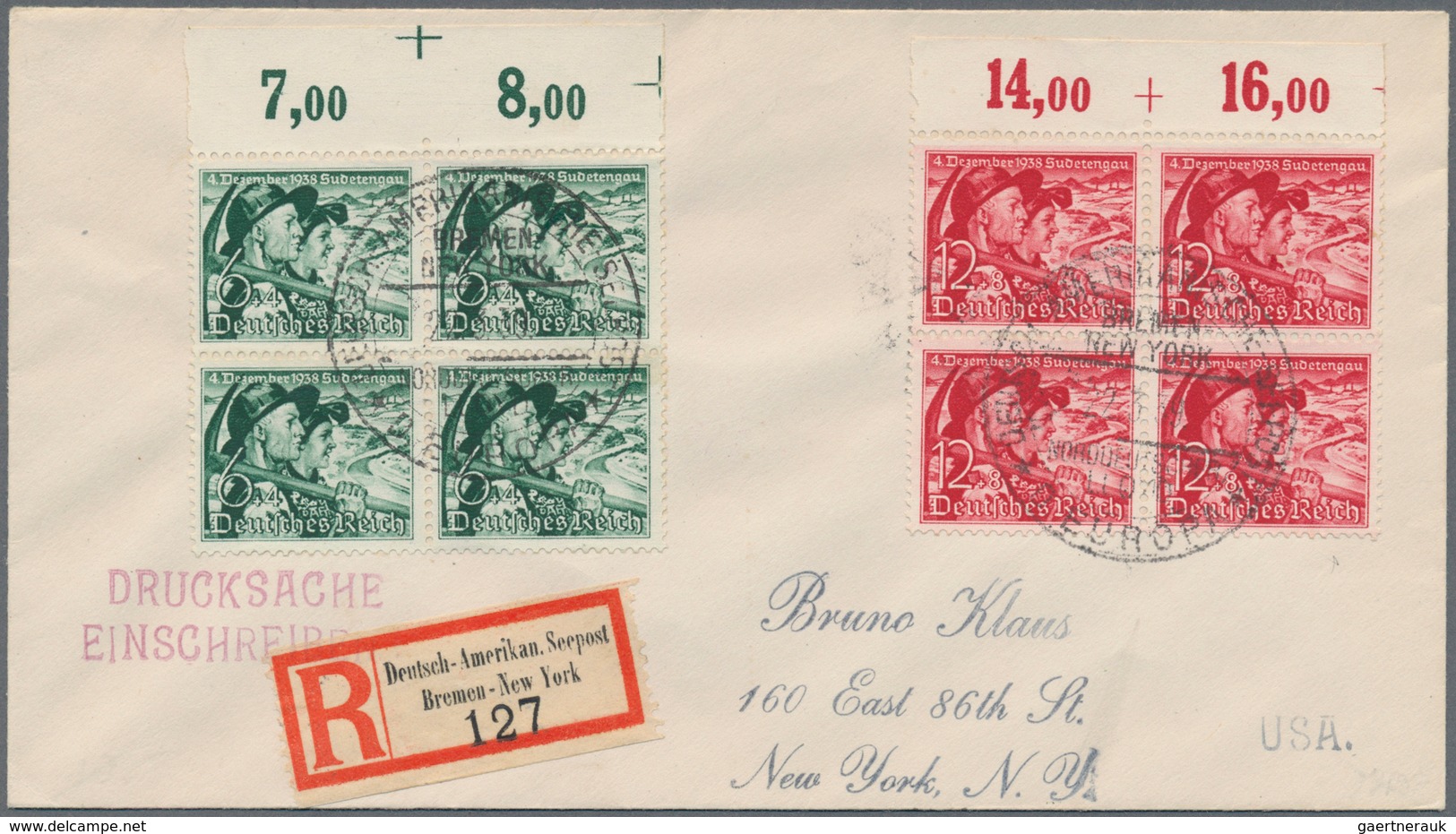 Deutsches Reich - 3. Reich: 1938, Deutsch-Amerikanische-Seepost, Bremen-New York, R-Brief Mit Zwei 4 - Briefe U. Dokumente
