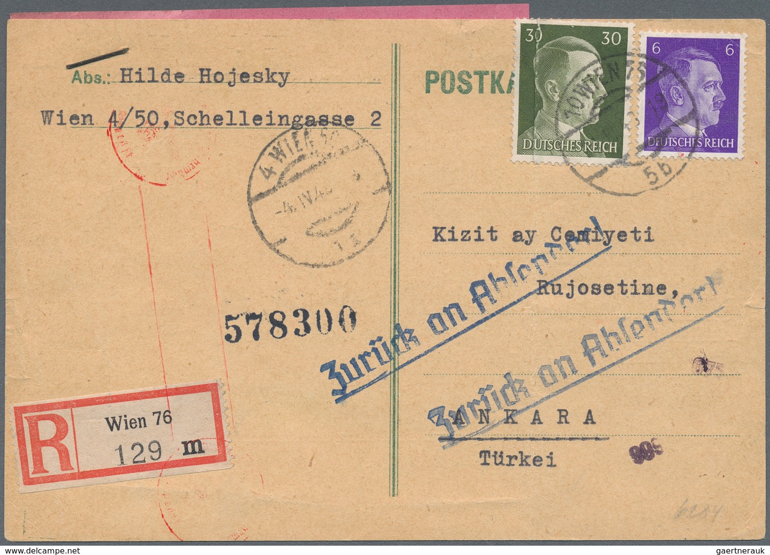 Deutsches Reich - 3. Reich: 1943, R-Postkarte Von WIEN In Die Türkei Mit Einer Vermißtenanfrage, Zen - Covers & Documents