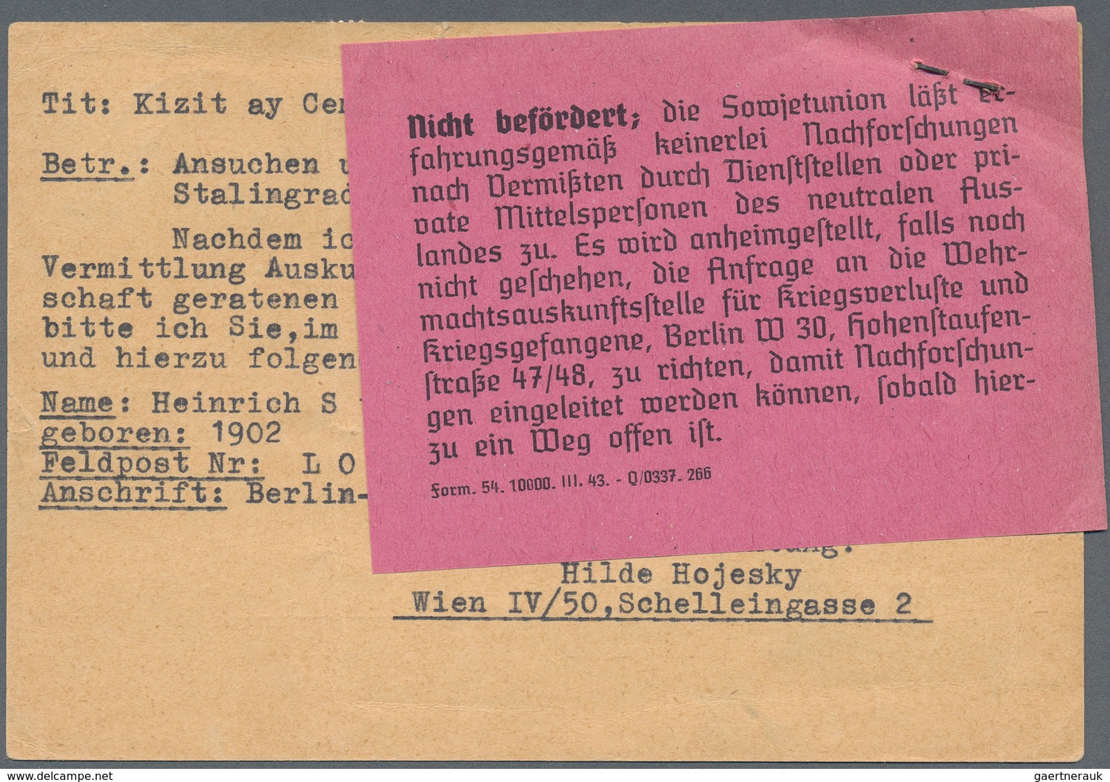 Deutsches Reich - 3. Reich: 1943, R-Postkarte Von WIEN In Die Türkei Mit Einer Vermißtenanfrage, Zen - Briefe U. Dokumente