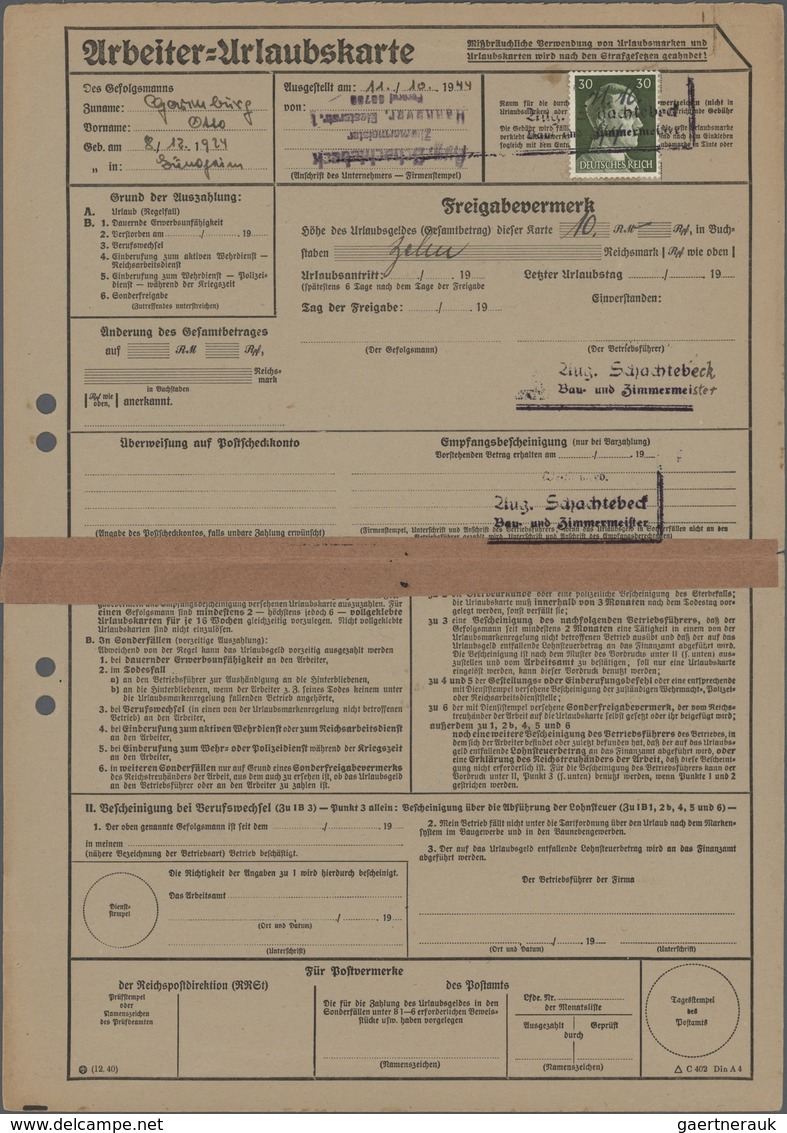 Deutsches Reich - 3. Reich: 1941, Freimarke 30 Pf Hitler Als EINZELFRANKATUR Auf Arbeiter-Urlaubs-Sp - Briefe U. Dokumente