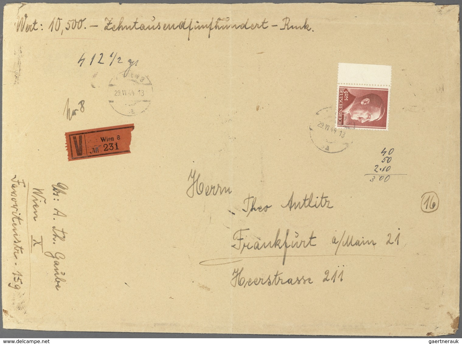 Deutsches Reich - 3. Reich: 1944. Hitler 3 RM Als EF Auf Wertbrief (10.500 RM) Von "Wien 29.6.44" Na - Briefe U. Dokumente