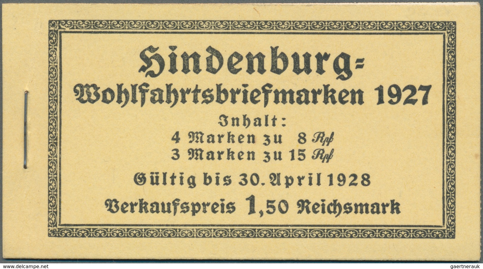 Deutsches Reich - Markenheftchen: 1927, 1,50 M. Hindenburgspende-Markenheftchen Mit Dicken Deckelsei - Carnets