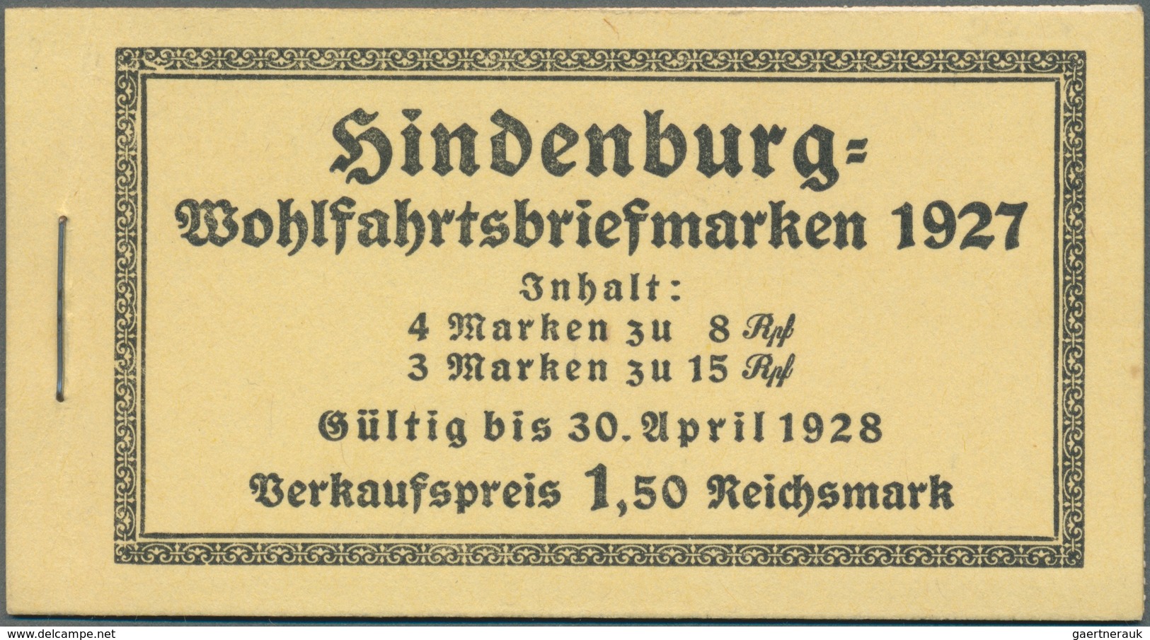 Deutsches Reich - Markenheftchen: 1927, 1,50 M. Hindenburgspende-Markenheftchen Mit Dicken Deckelsei - Markenheftchen