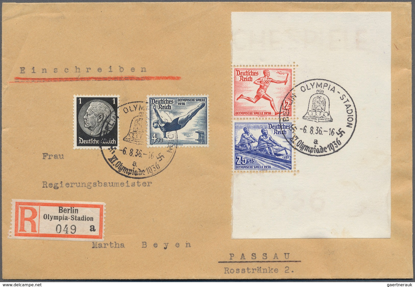 Deutsches Reich - Zusammendrucke: Olympiade 1936 (Bl. 6), Block-Zusammendruck Portogerecht (MiF 42Pf - Zusammendrucke