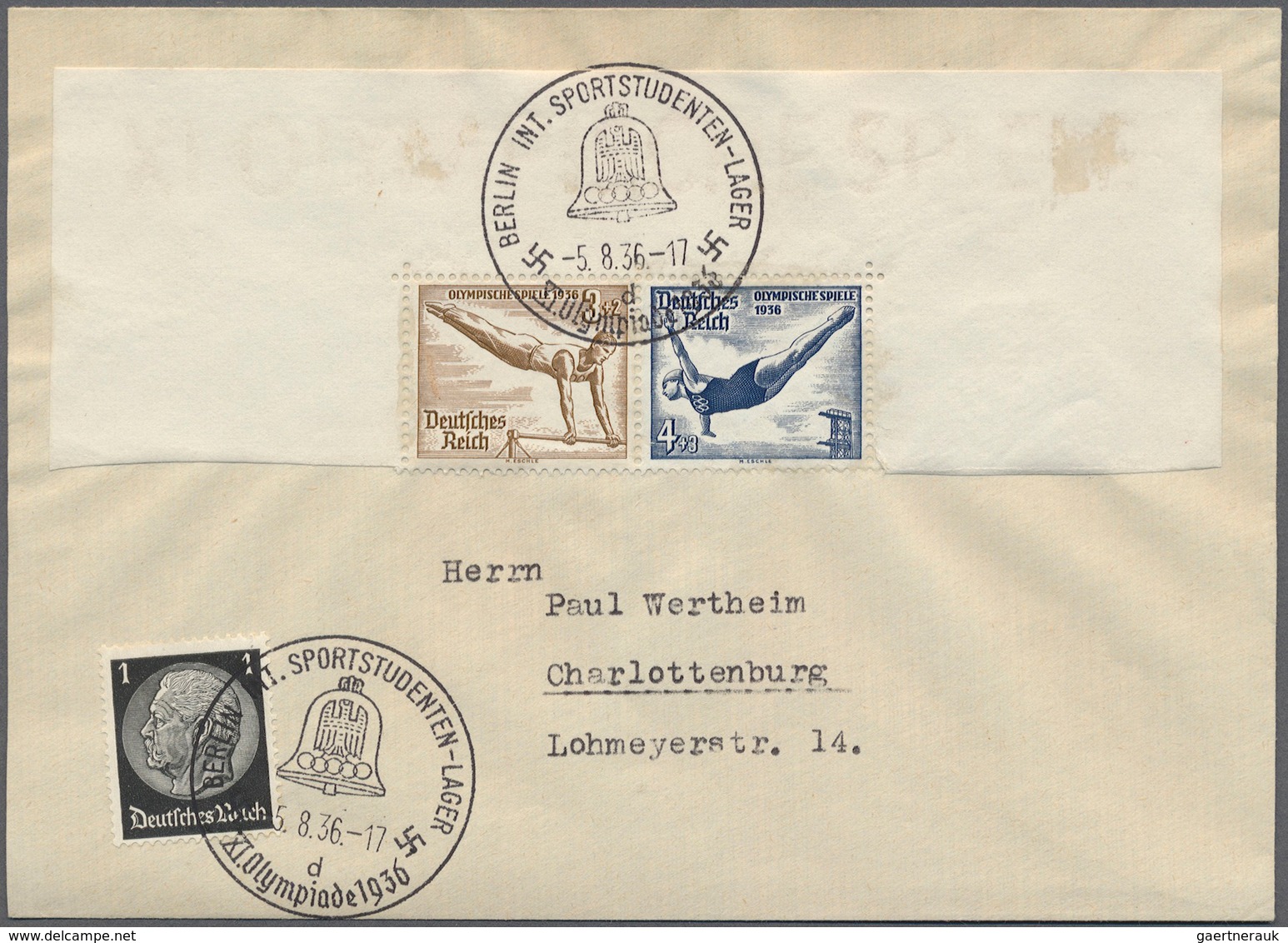 Deutsches Reich - Zusammendrucke: Olympiade 1936 (Bl. 5), Block-Zusammendruck Portogerecht (MiF 8 Pf - Se-Tenant