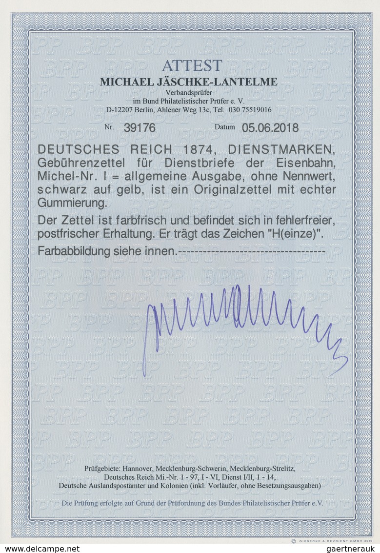Deutsches Reich - Dienstmarken: 1874, Gebührenzettel Ohne Nennwert Für Dienstbriefe Der Eisenbahn, S - Dienstmarken