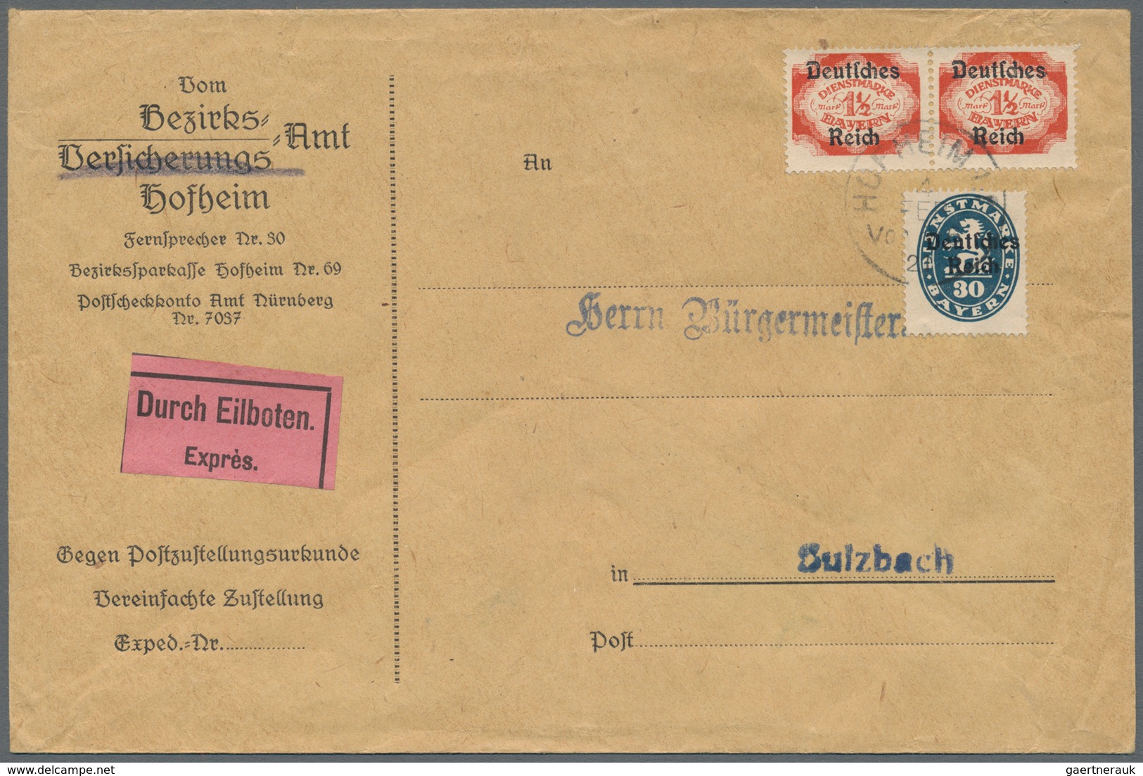 Deutsches Reich - Dienstmarken: 1921. 4.2. 1 1/2 Mk. Im Paar Mit 30 Pf. Auf Seltener Zustellungsurku - Officials