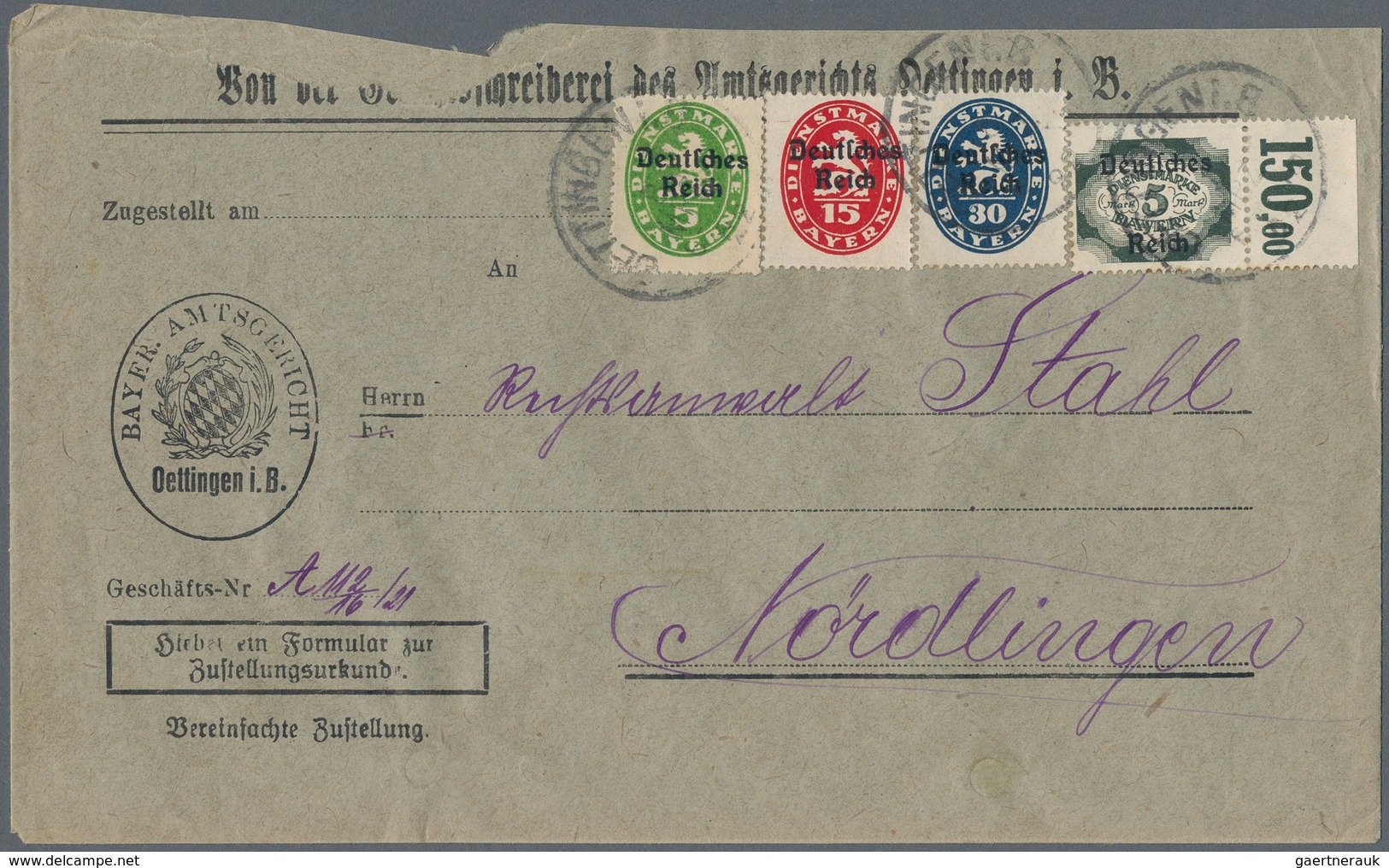 Deutsches Reich - Dienstmarken: 1920, 5 M. Bayern-Abschied Als (drucktechnisches) Oberrandstück Mit - Service