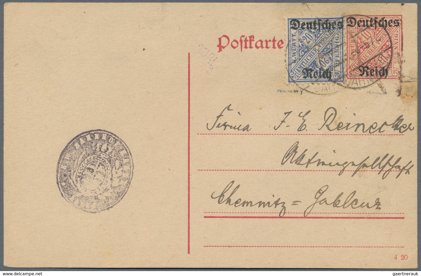 Deutsches Reich - Dienstmarken: 1920, 23.9., 20 Pfg. Dienstmarken Mit WZ Y (Ringe) Als Zusatzfrankat - Service