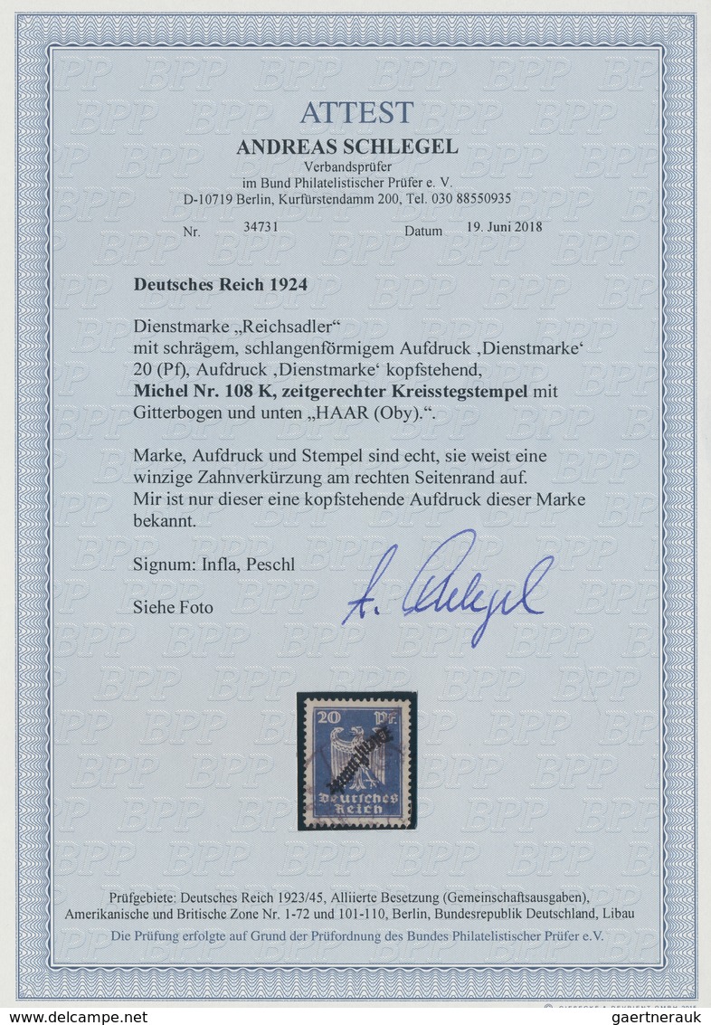 Deutsches Reich - Dienstmarken: 1924, 20 Pfg. Blau Mit KOPFSTEHENDEM Aufdruck "Dienstmarke", Zeitger - Service