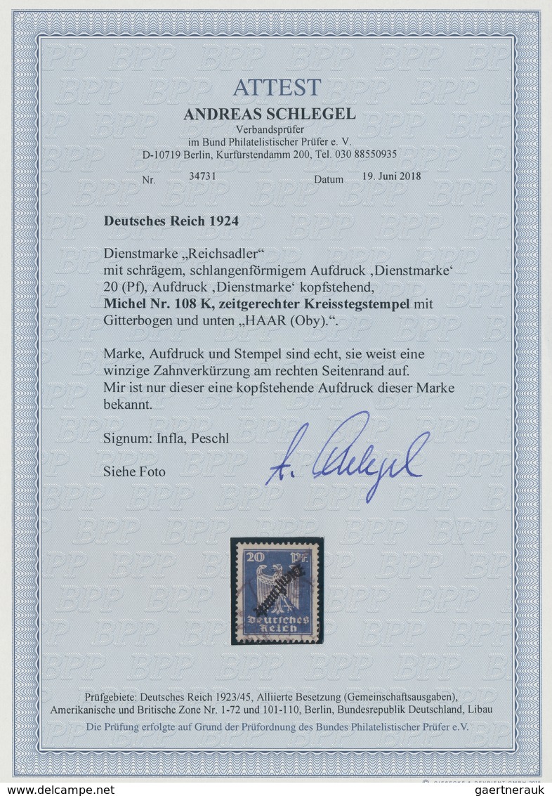 Deutsches Reich - Dienstmarken: 1924, 20 Pfg. Blau Mit KOPFSTEHENDEM Aufdruck "Dienstmarke", Zeitger - Officials