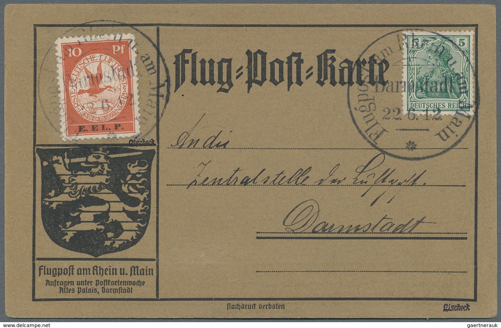 Deutsches Reich - Halbamtliche Flugmarken: 1912. Rhein Und Ruhr Flugpostkarte, "E.EL.P." überdurck A - Luft- Und Zeppelinpost