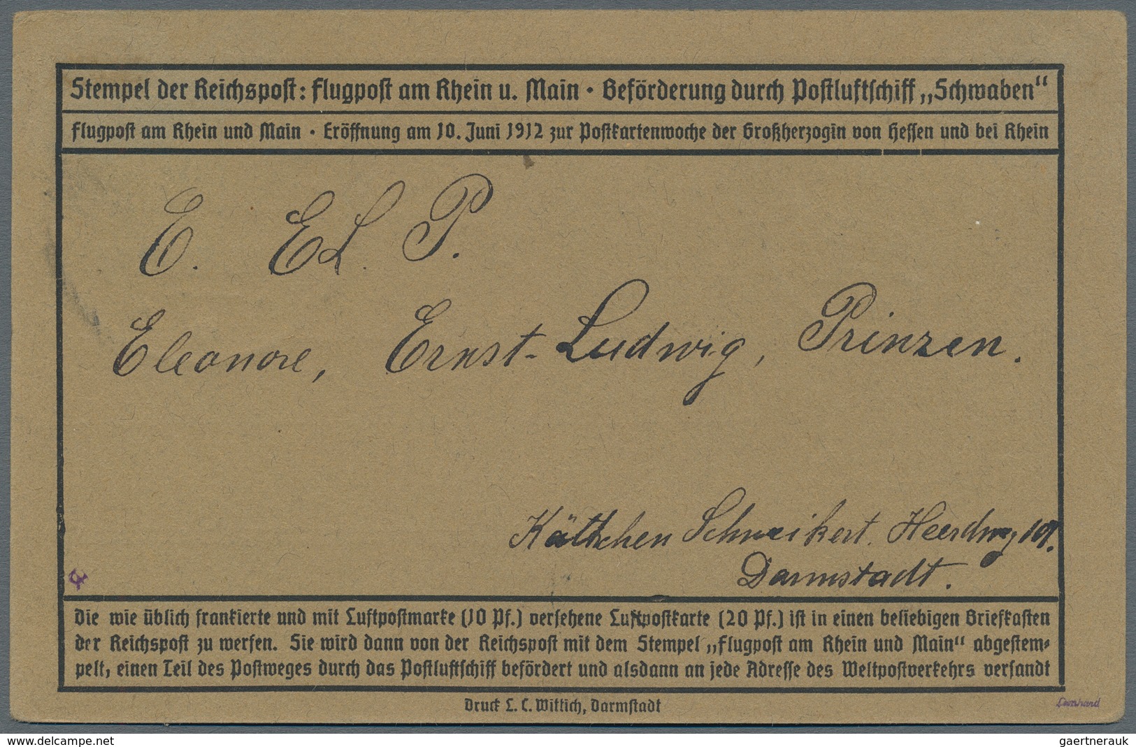 Deutsches Reich - Halbamtliche Flugmarken: 1912. Rhein Und Ruhr Flugpostkarte, "E.EL.P." überdurck A - Airmail & Zeppelin