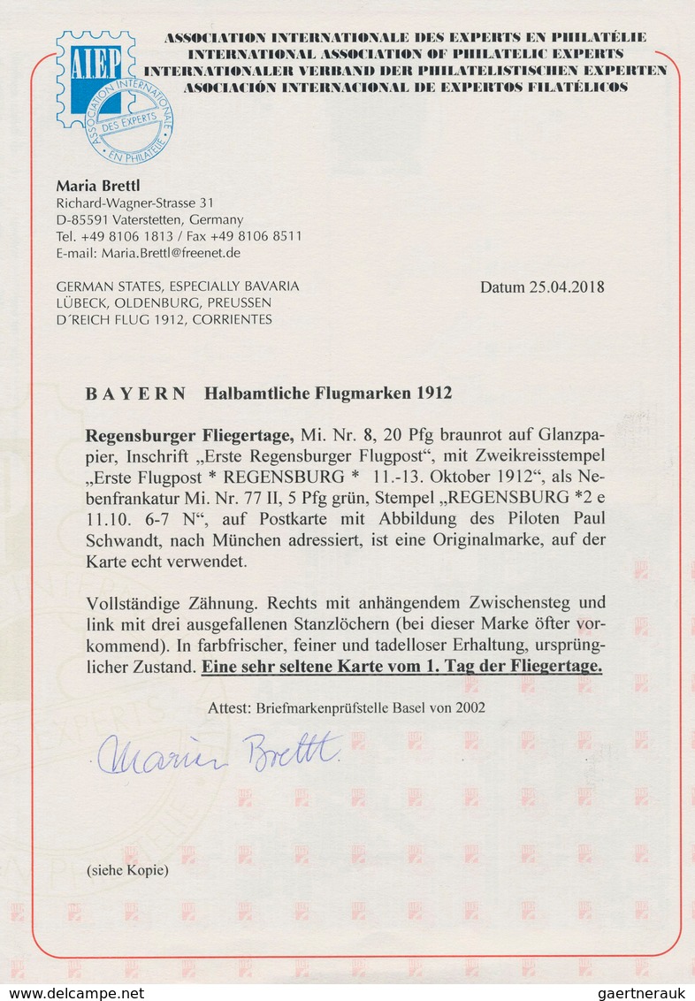 Deutsches Reich - Halbamtliche Flugmarken: 1912, Regensburger Fliegertage 20 Pfg. Braunrot Auf Glanz - Poste Aérienne & Zeppelin