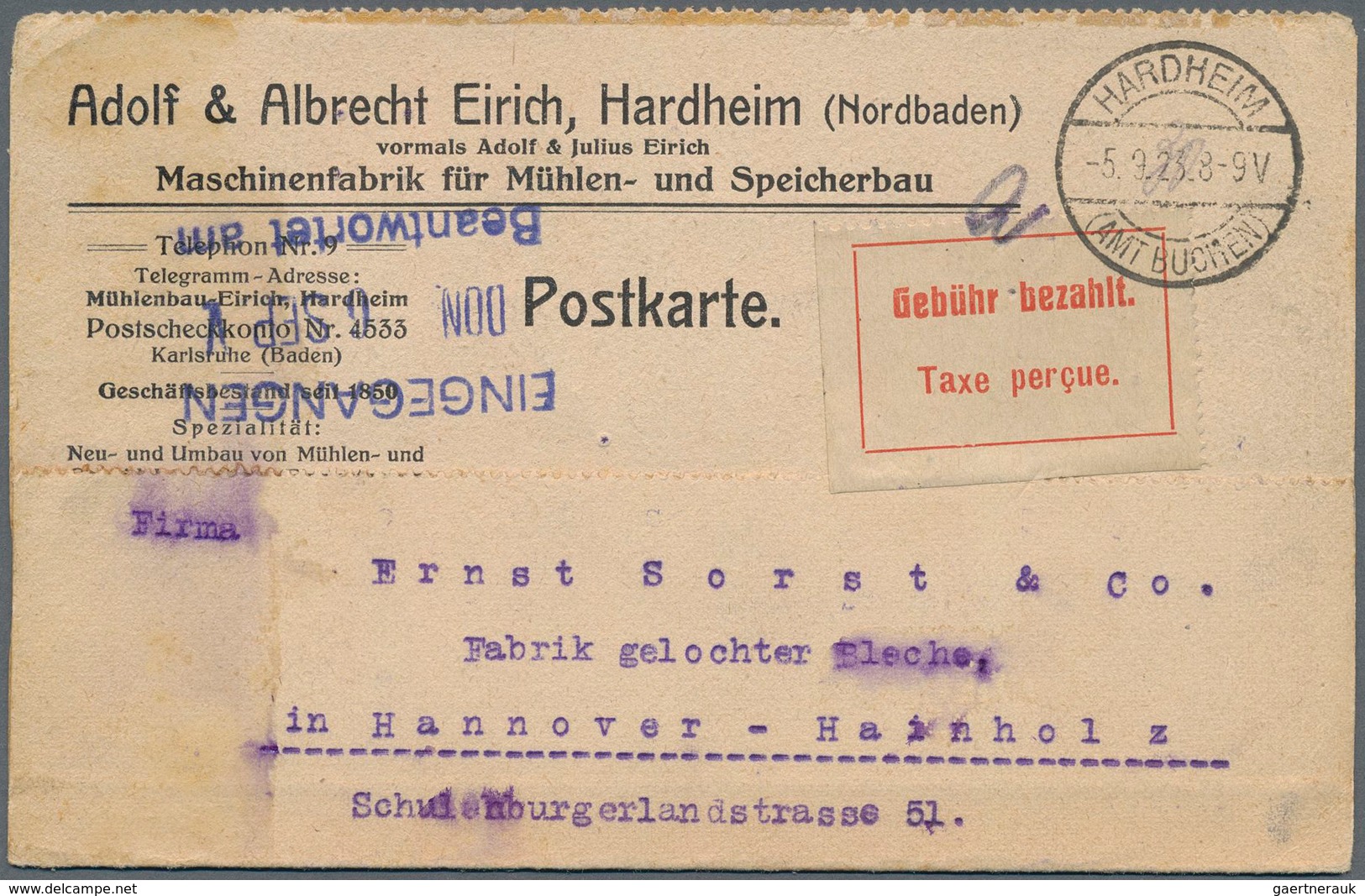 Deutsches Reich - Lokalausgaben 1918/23: 1923, OPD KARLSRUHE, Postkarte Mit Gebührenzettel In Type I - Covers & Documents