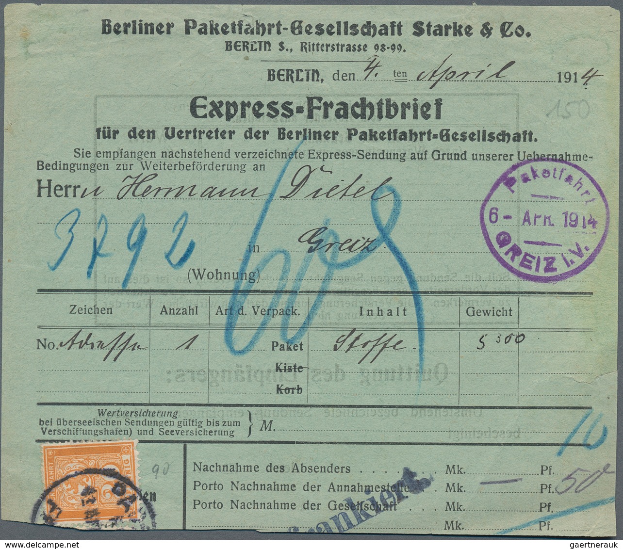 Deutsches Reich - Privatpost (Stadtpost): BERLIN - Paketfahrt: 1914, 20 Pf Orange Auf Seltenem Expre - Postes Privées & Locales