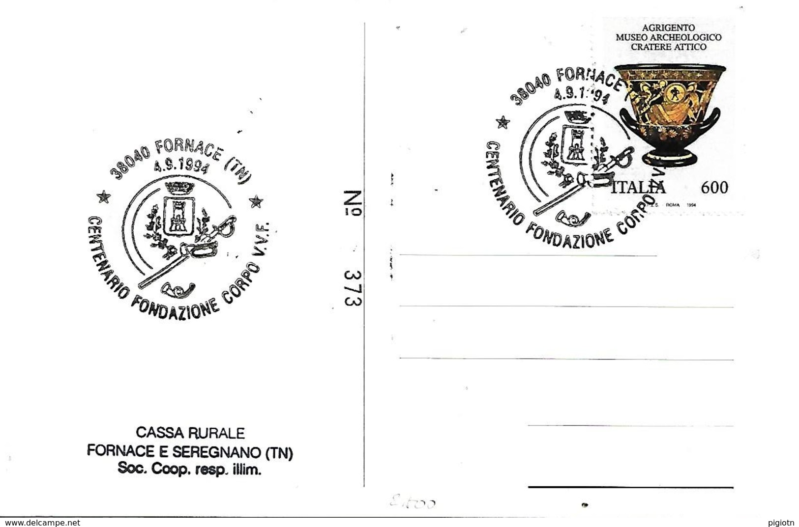 COR26 - MARCOFILIA - ANNULLO FORNACE -CENTENARIO FONDAZIONE VIGILI DEL FUOCO - 4.9.1994 SU CARTOLINA - 1991-00: Marcophilia