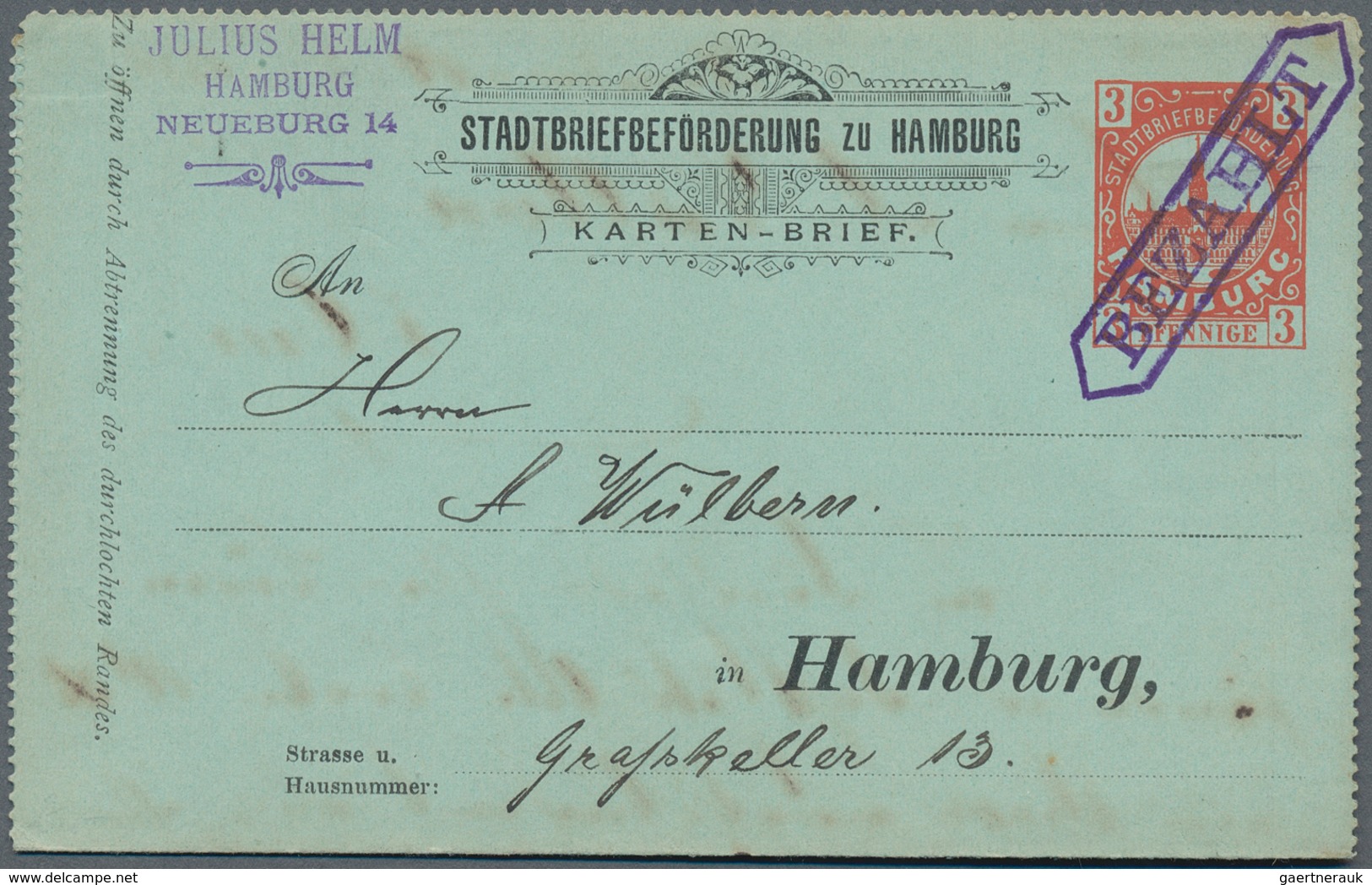 Deutsches Reich - Privatpost (Stadtpost): HAMBURG - Stadtbriefbeförderung: 1889, 3 Pf Rot Kartenbrie - Private & Local Mails