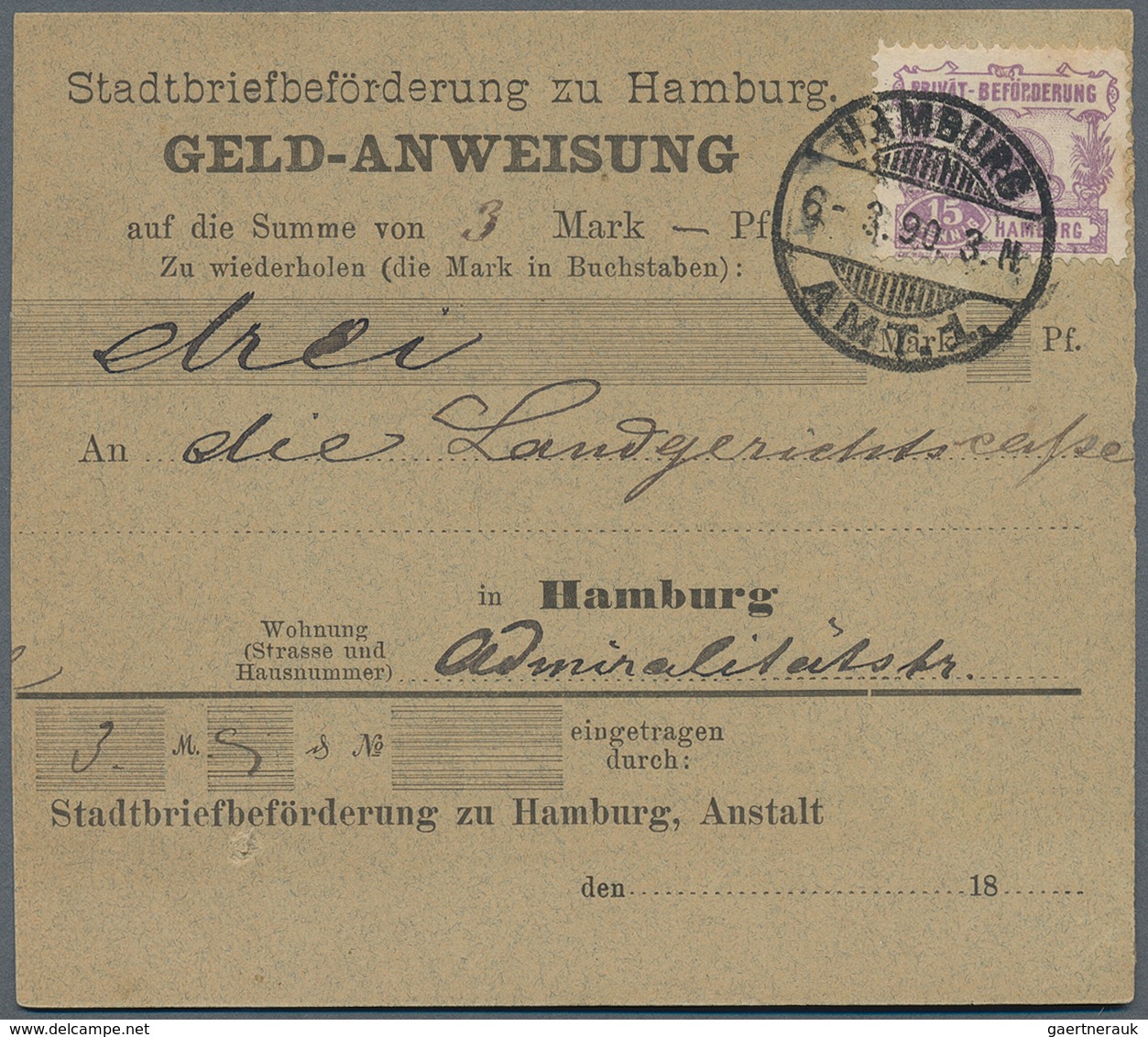 Deutsches Reich - Privatpost (Stadtpost): HAMBURG - Stadtbriefbeförderung: 1890, 15 Pf Violett Auf S - Privatpost