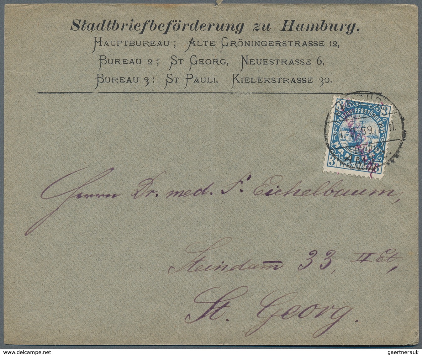 Deutsches Reich - Privatpost (Stadtpost): HAMBURG - Stadtbriefbeförderung: 1889, 3 Pf Blau Auf Brief - Privatpost