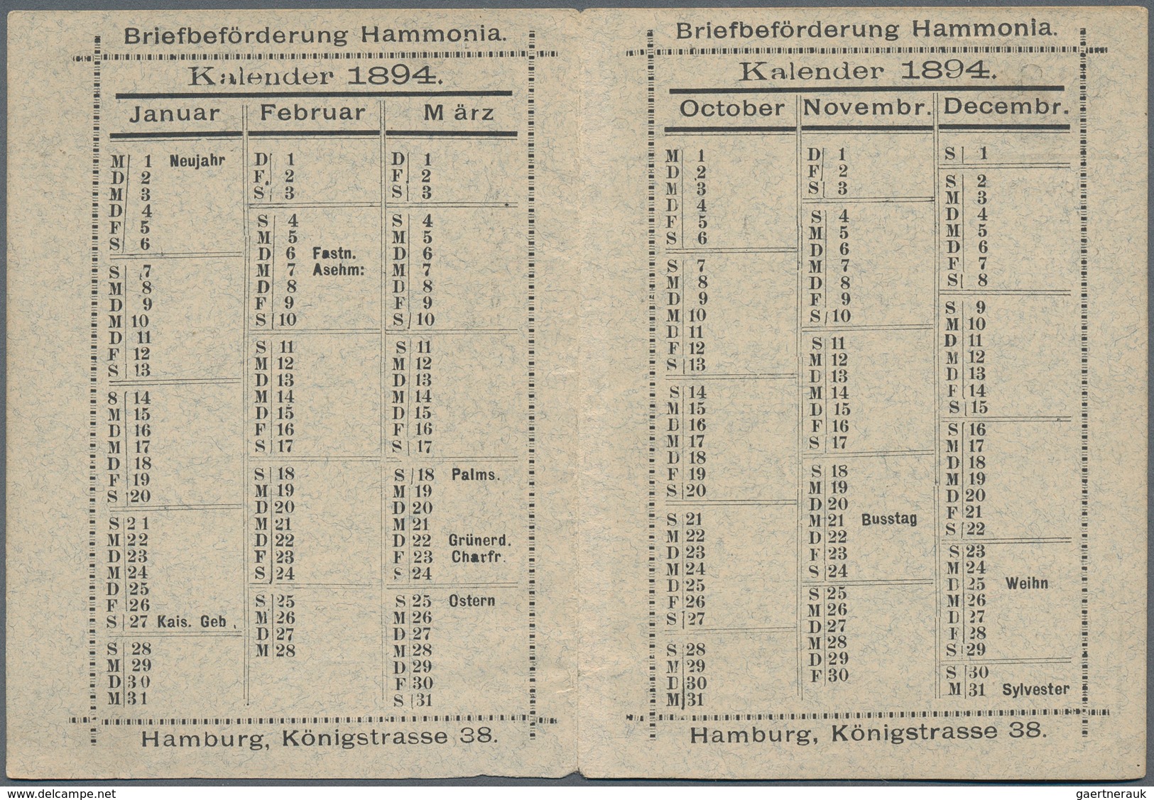 Deutsches Reich - Privatpost (Stadtpost): HAMBURG - Hammonia: 1894, Extrem Seltener Kalender Januar - Private & Local Mails