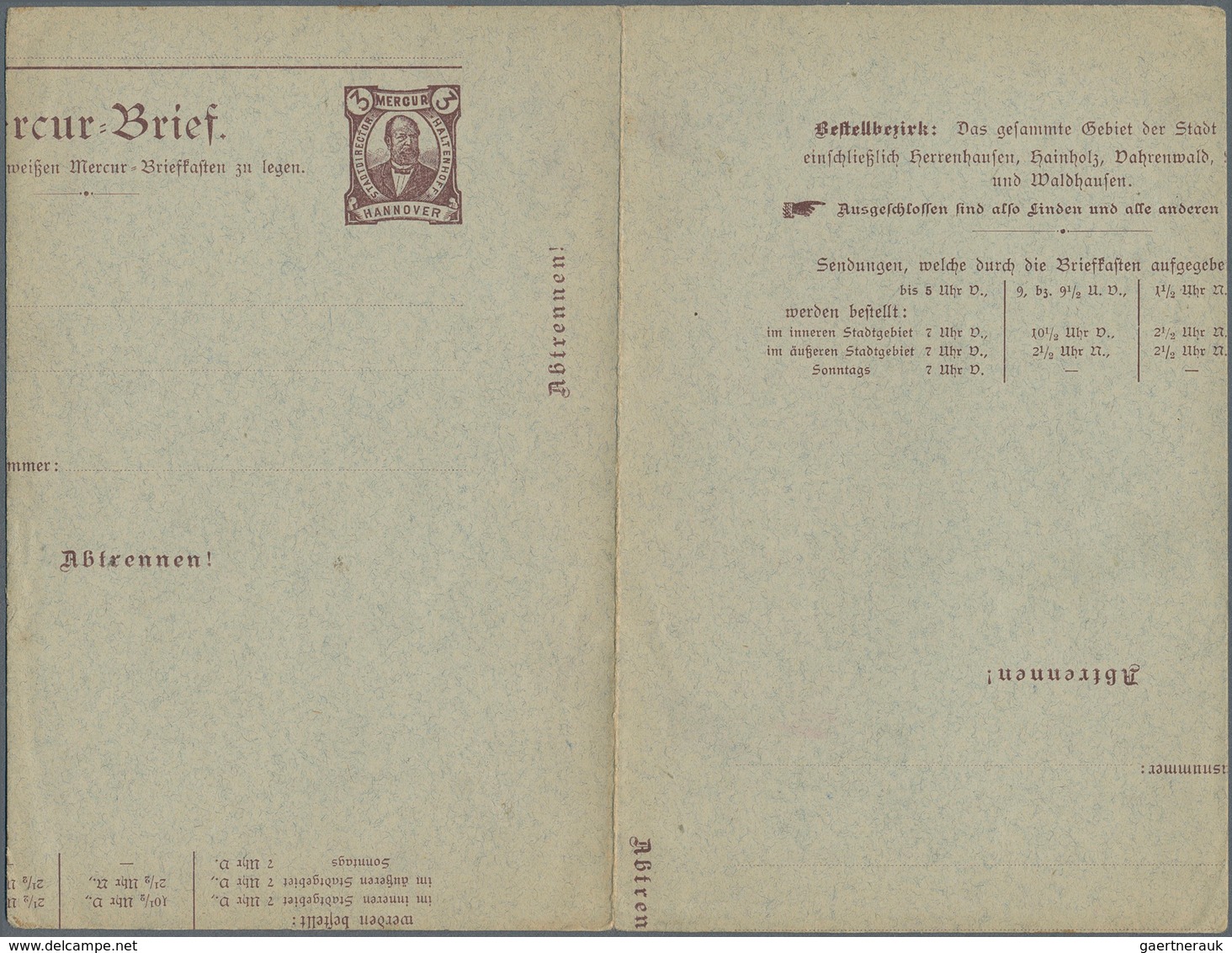 Deutsches Reich - Privatpost (Stadtpost): 1892 Ca., HANNOVER, MERKUR, Völlig Verschnittener Kartenbr - Private & Local Mails