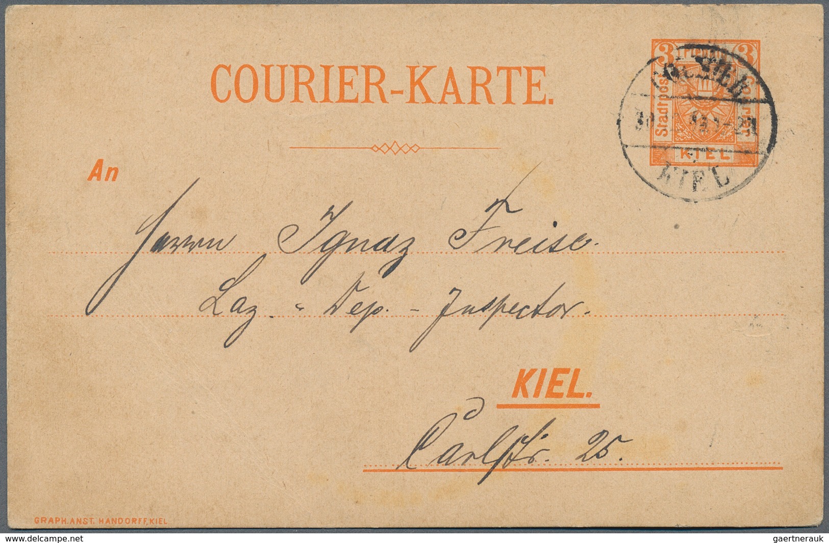 Deutsches Reich - Privatpost (Stadtpost): KIEL - Stadtpost-Courier: 1899, 3 Pf Orange Ganzsachenkart - Postes Privées & Locales