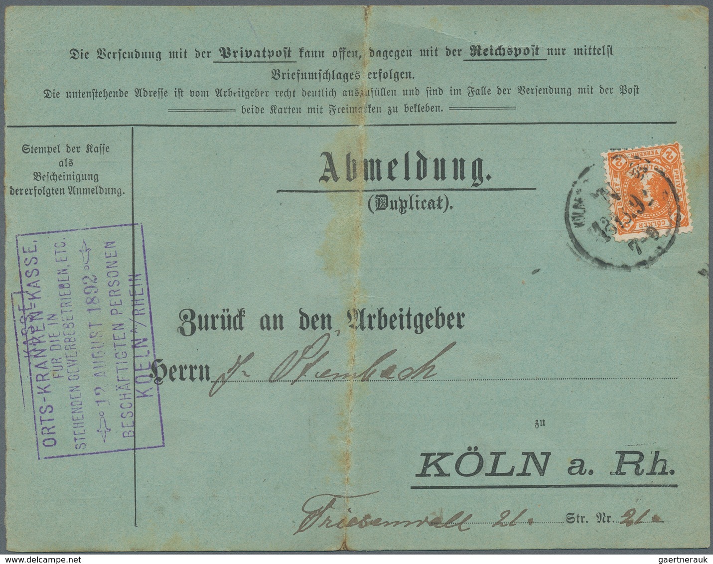 Deutsches Reich - Privatpost (Stadtpost): Köln 1892 2 Pfennig Orange Auf Einem Duplikat Einer Abmeld - Postes Privées & Locales