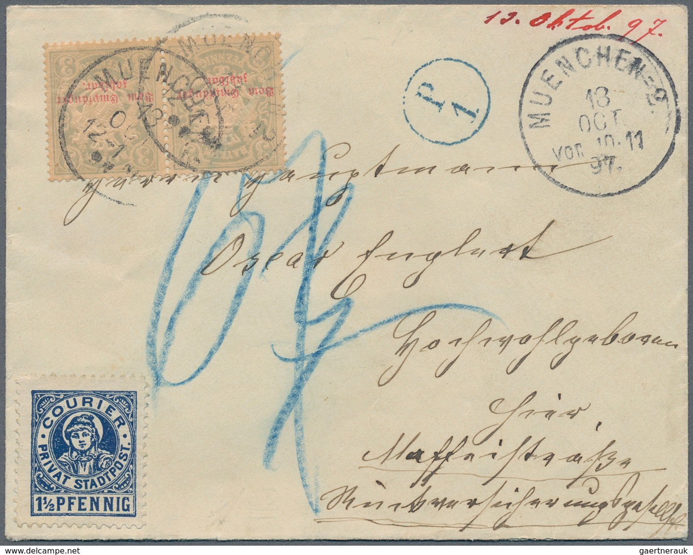 Deutsches Reich - Privatpost (Stadtpost): 1897 München 1,5 Pfennig Blau Auf Brief, Dieser Wurde Irrt - Postes Privées & Locales