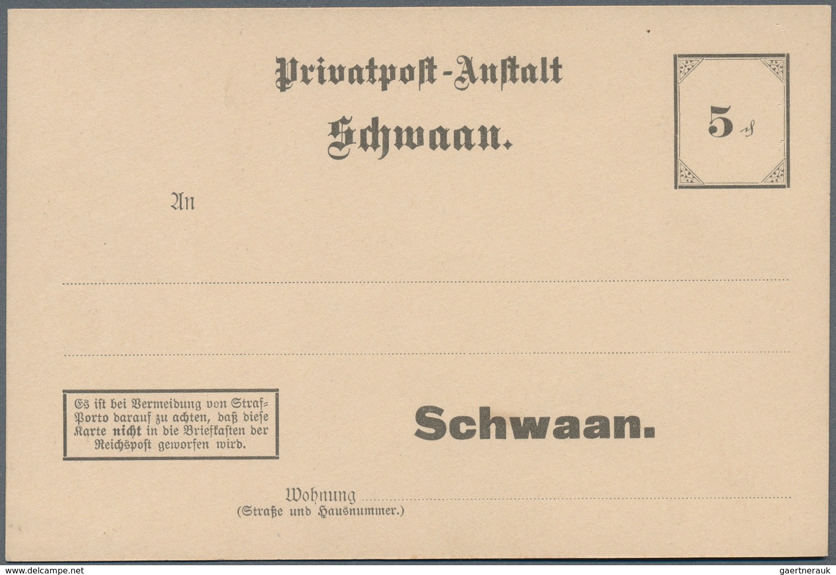 Deutsches Reich - Privatpost (Stadtpost): SCHWAAN: 5 Pf Im Rahmen, Sehr Seltene Ganzsachenkarte, Ung - Postes Privées & Locales