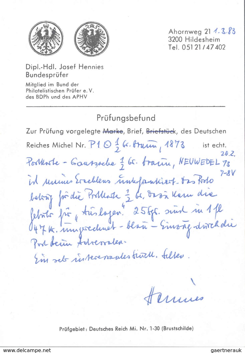 Deutsches Reich - Ganzsachen: 1873, 1/2 Gr. GSK Mit K2 NEUWEDEL 20.2. Als Auslagen-Postvorschuss-Kar - Other & Unclassified