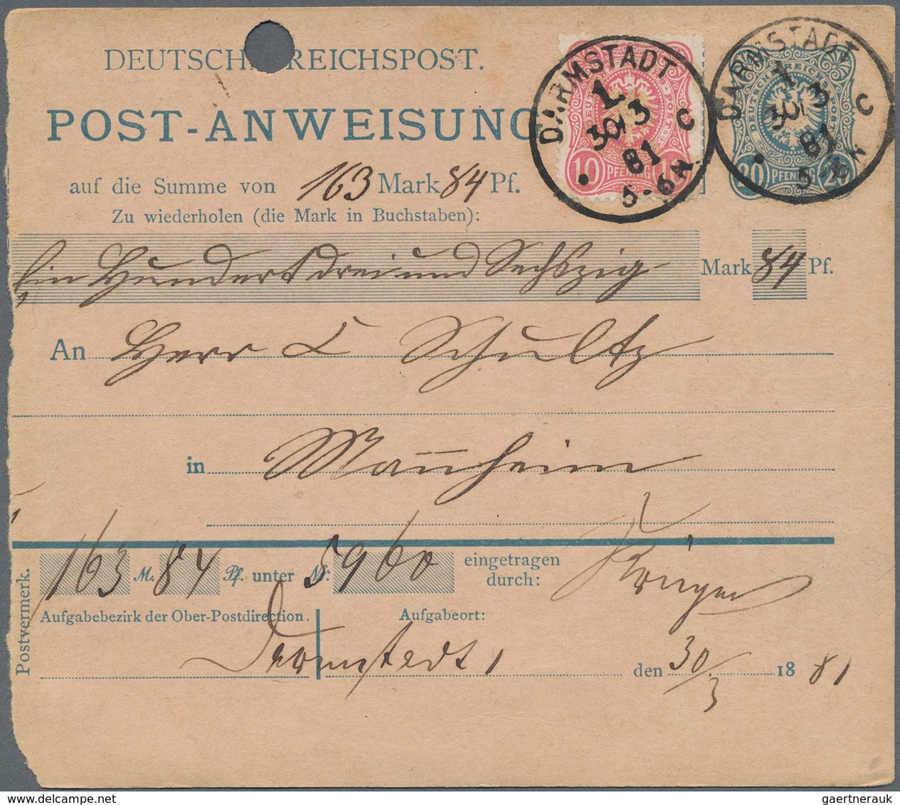 Deutsches Reich - Ganzsachen: 1881, 20 Pfg. Postanweisungs-Stammteil Mit 10 Pfennig Zusatzfrankatur, - Other & Unclassified