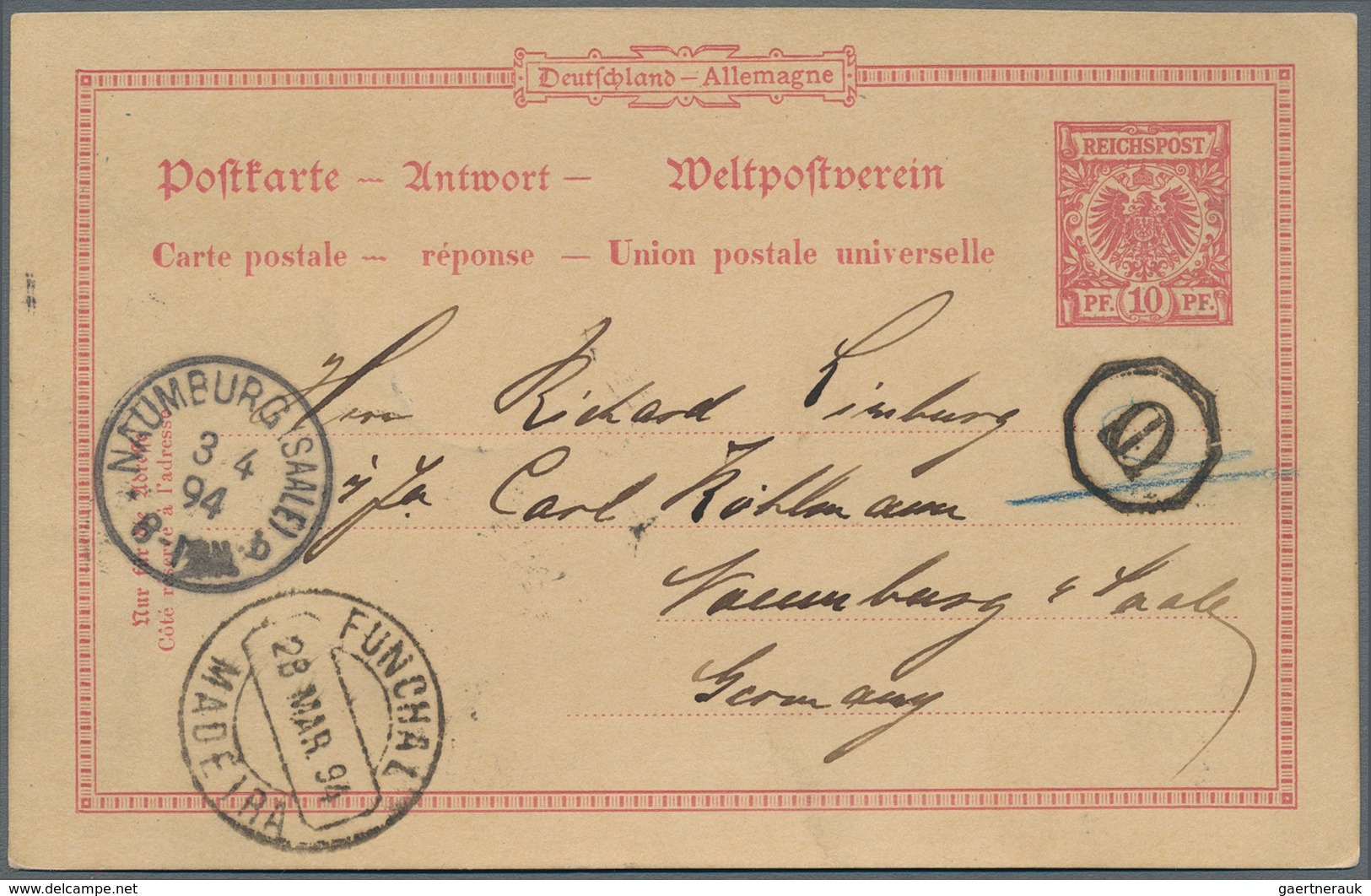 Deutsches Reich - Ganzsachen: 1894 Antwortteil Einer Doppelkarte Von Funchal Via London Nach Naumbur - Autres & Non Classés